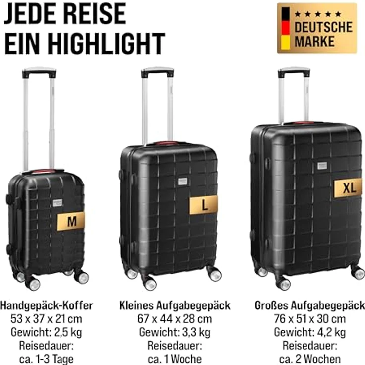 Monzana 3tlg. Kofferset TSA Schloss Organizer Kofferwaage Gurt Gel-Griffe Zwillingsrollen Standfüße Trolley Reisekoffer Hartschalen Koffer M-L-XL in Schwarz – Bild 4