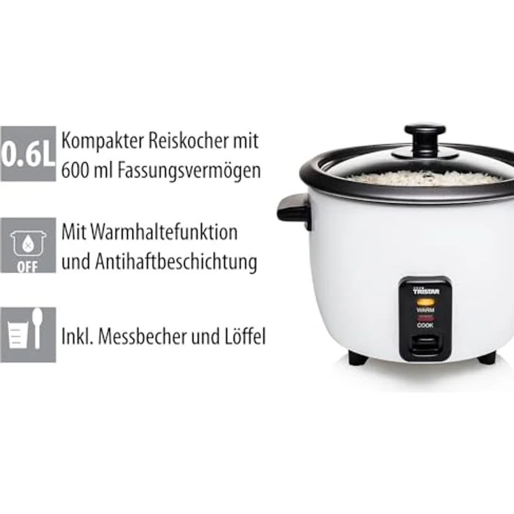 Tristar RK-6117 Reiskocher, 0,6 Liter Volumen, Warmhaltefunktion, 300 Watt, schwarz weiß – Bild 6