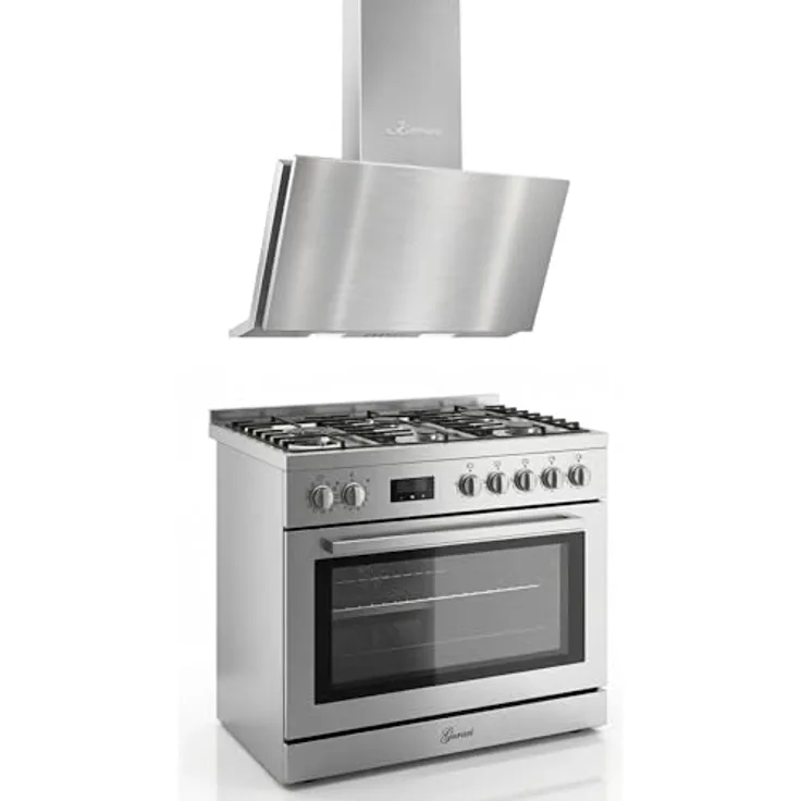 Gurari GCH E 818 X Edelstahl Gas Elektro Standherd 90 cm, 126 L, 4 kW WOK, Selbstreinigung, Dunstabzugshaube 90 cm AT 9455 N ECO, 1250 m³/h