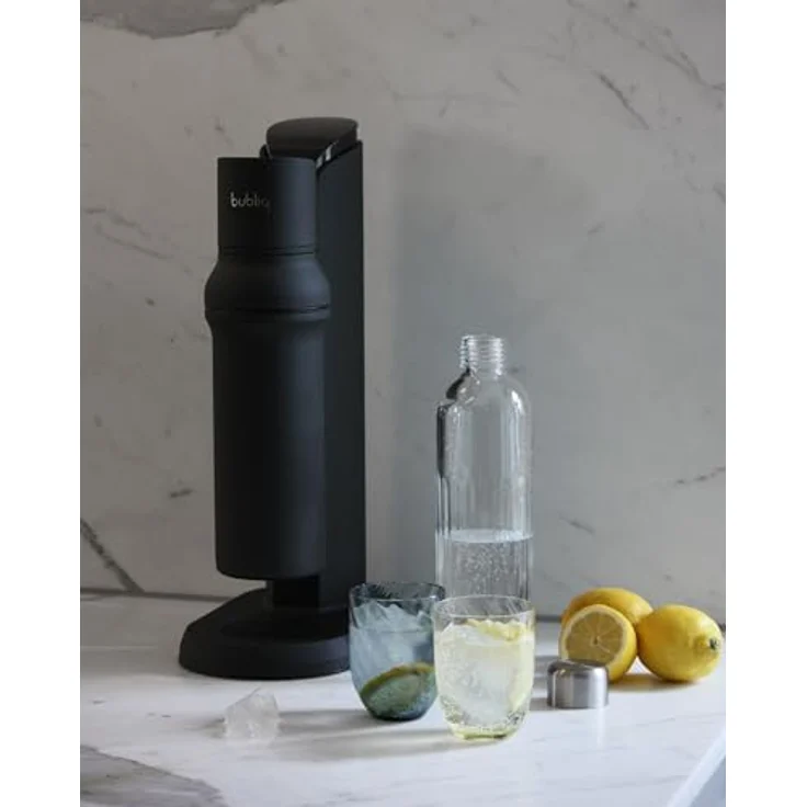 bubliq glass carbonator, Wassersprudler aus Edelstahl mit 1 l Glasflasche, minimalistisches Design, Mattschwarz Finish, Turnlock-Mechanismus – Bild 2
