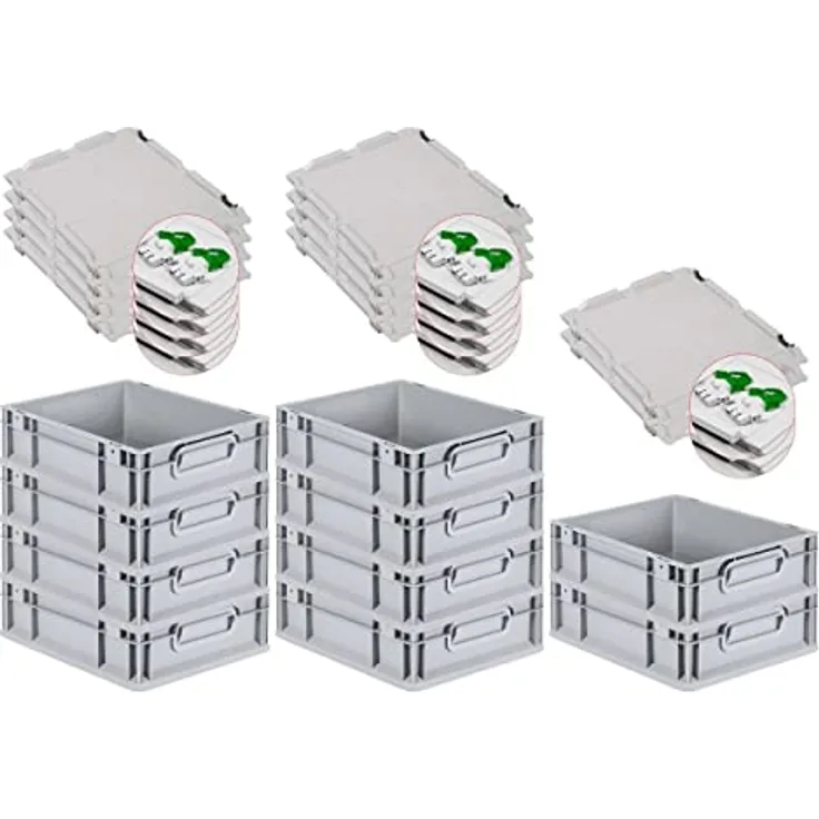 PROREGAL Eurobox NextGen Grip SuperSparSet, 10er Set mit Scharnierdeckel und grünen Schiebeschnappverschlüssen, 11 L, grau, 12x30x40 cm