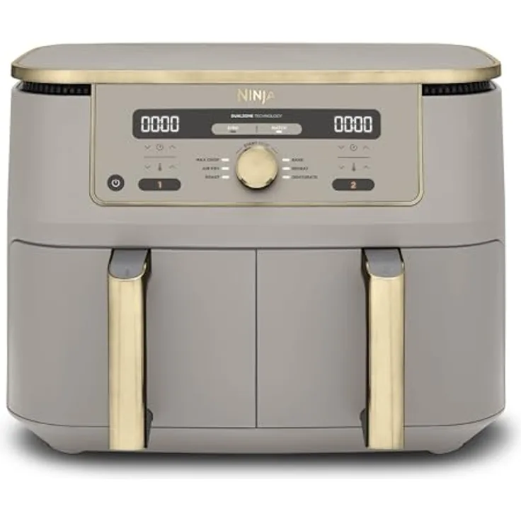 Ninja DZ400EUSTGD Dual Zone Digital Air Fryer, 2 Schubladen, 6-in-1 Heißluftfritteuse, 9,5L, Stone Gold, spülmaschinenfeste Körbe, Max Crisp, Rösten, Backen, Aufwärmen, Dörren