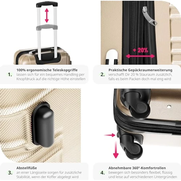 tectake 4 tlg Reisekoffer Set, Hartschalenkoffer Set, Trolley Kofferset, ABS Hartschalen Reisekofferset, Reisetasche, Trolley, Gepäck, Koffer Set, 4 Rollen, 360 Grad drehbar, Teleskopgriff - champagne – Bild 3