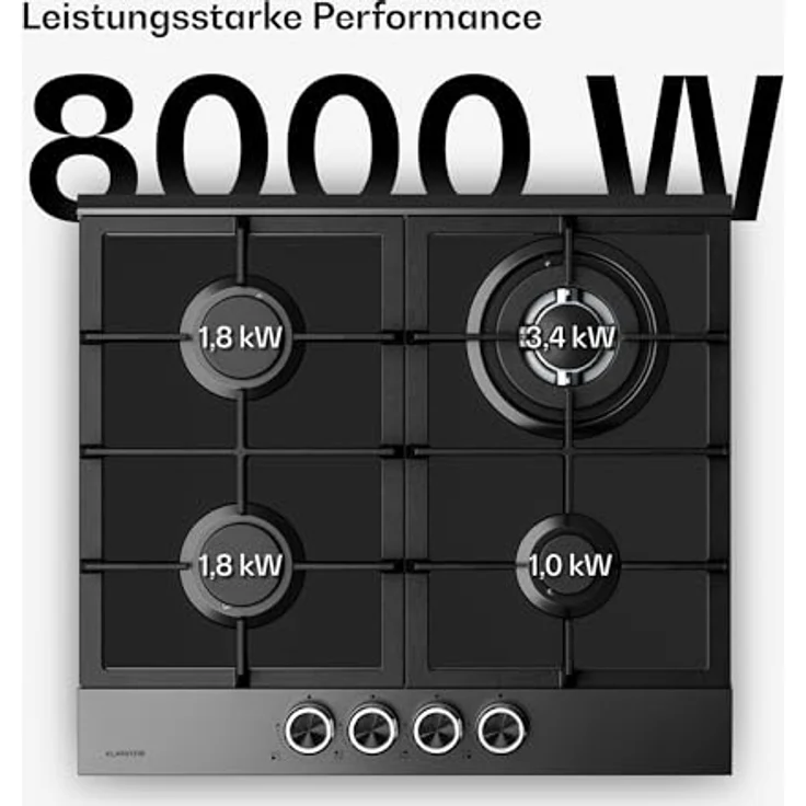 Klarstein Verosteel Gaskochfeld 4-Brenner, 8000W, 60cm, Schwarz Edelstahl, Flüssiggas/Erdgas, elektrische Zündung, Flammenausfallschutz, inkl. Umrüstsatz – Bild 3