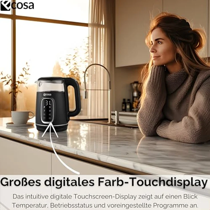 Ecosa® Wasserkocher mit Temperatureinstellung, 1,7 L, 2.200 W, Glas Edelstahl, BPA-frei, 40-100°C Temperaturwahl, Warmhaltefunktion, LED Beleuchtung (Black Pearl) – Bild 4