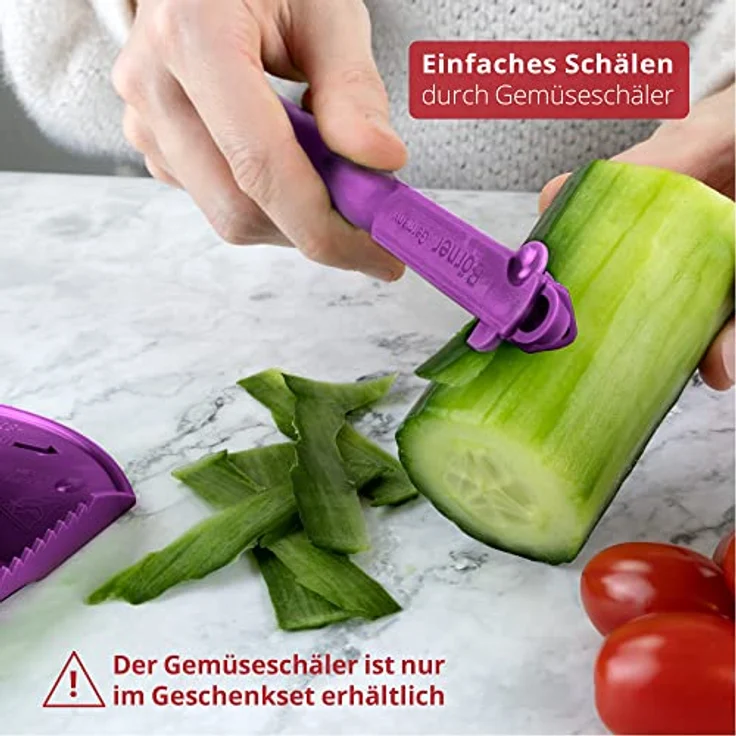 Börner Roko PowerLine Gemüseschneider Set (2-tlg.) • Feiner Streifenschneider für Obst & Gemüse + Fruchthalter • Julienne Schneider • Gemüsehobel • Küchenhobel Set (Violett) – Bild 5