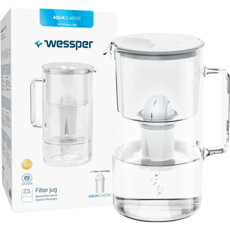 Wessper Wasserfilterkanne Aus Glas 2.5 L Kompatibel Mit Brita Classic -wasserfilterkartuschen | Inklusive 1 Wasserfilter-kartusche, Reduziert Kalk Und Chlor, Weiß – Bild 1