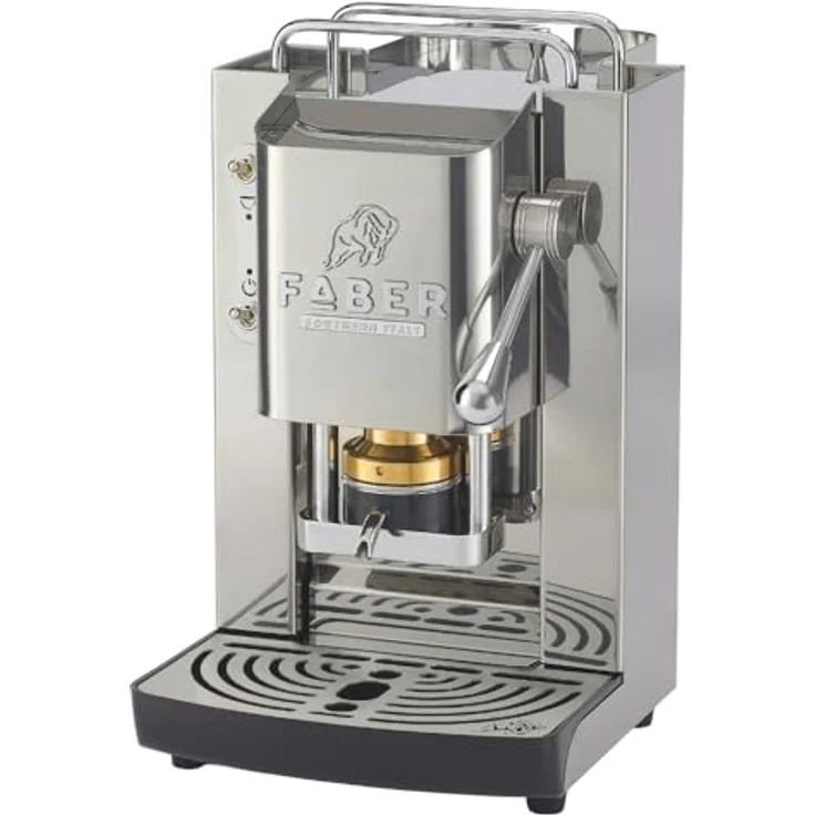 FABER COFFEE MACHINES Deluxe 3.0 Kaffeemaschine ESE 44 mm, Magnetventil, herausnehmbarer Padhalter, 1L Glaskanister, verstellbare Messing-Padpresse (Edelstahl Glossy, Chrom) – Bild 1