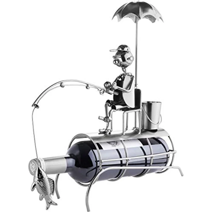 BRUBAKER Flaschenhalter Angler mit Sonnenschirm Metall Skulptur mit Geschenkk... – Bild 3