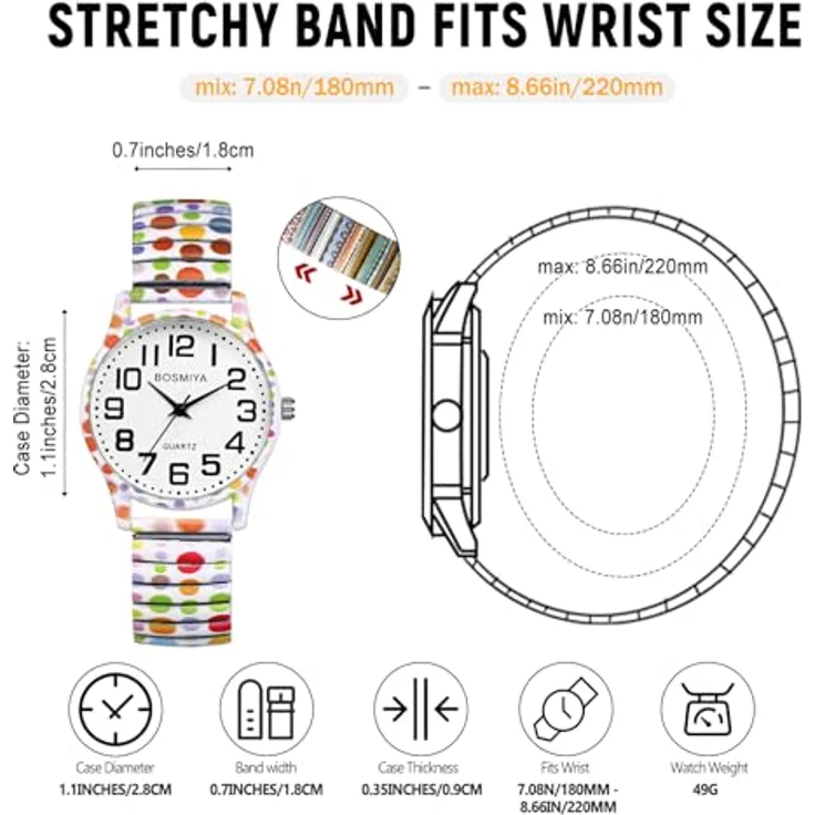 JewelryWe Damenuhr Boho Elastische Uhr, Analog Quarz mit bunten Polka Dots, Edelstahl Zugarmband, große Zahlen Zifferblatt, 10M wasserdicht – Bild 4