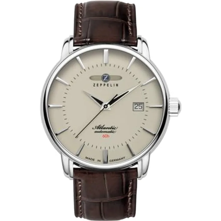 Zeppelin Herrenuhr Automatik Atlantic Braun/Beige 8460-5, Lederarmband, Edelstahlgehäuse, creme Zifferblatt