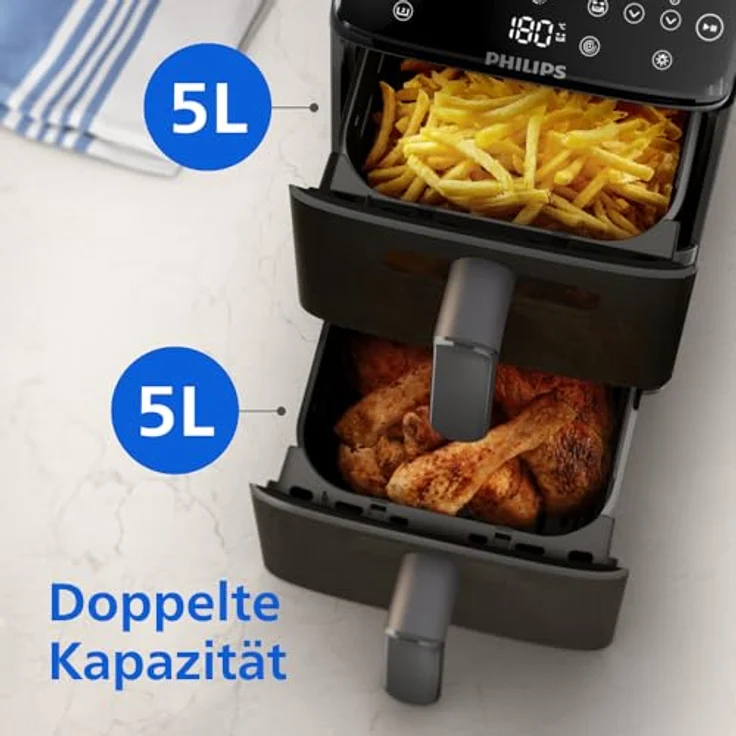 Philips Heißluftfritteuse NA462/70 4000 Series, 10L Dual Basket mit RapidAir Technologie, 2750 W, Schwarz/Dunkelgrau, kupfer Griff – Bild 6