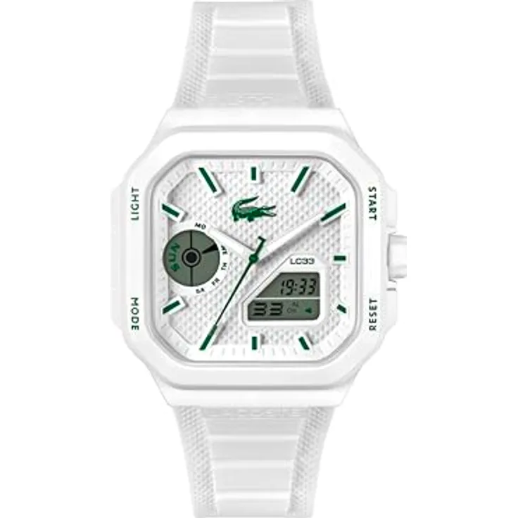 Lacoste LC33 Square, Armbanduhr mit DREI-Zeiger-Quarzwerk, weißes Gehäuse und Silikonarmband, 10 ATM wasserfest