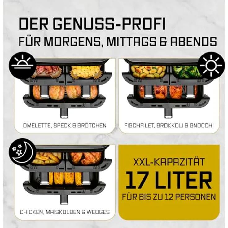 GOURMETmaxx FryUp3, Vertikale Heißluft-Fritteuse mit 3000W, 17l, 3 Frittierkammern und Sichtfenster, schwarz/Edelstahl – Bild 7