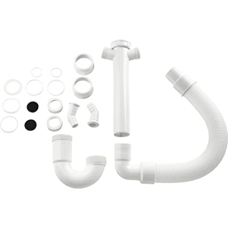 Xavax Flexibler Röhrensiphon (für Küchenspüle, Waschmaschine und Spülmaschine, 1 1-2 Zoll, 2 Siphon-Geräteanschlüsse 1 Zoll (2,54 cm) und 2 Geruchsverschlüsse) weiß – Bild 2