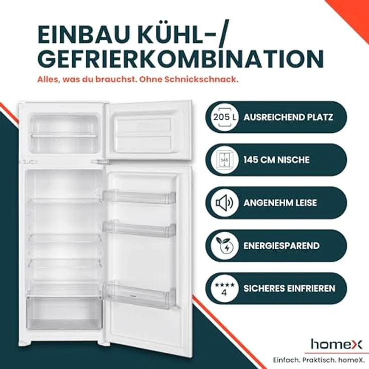 homeX CFB2051E Einbaukühlschrank mit Gefrierfach, 205 Liter, Schlepptür, für 145 cm Nische, Energieeffizienzklasse E, leiser Betrieb 37 dB – Bild 2