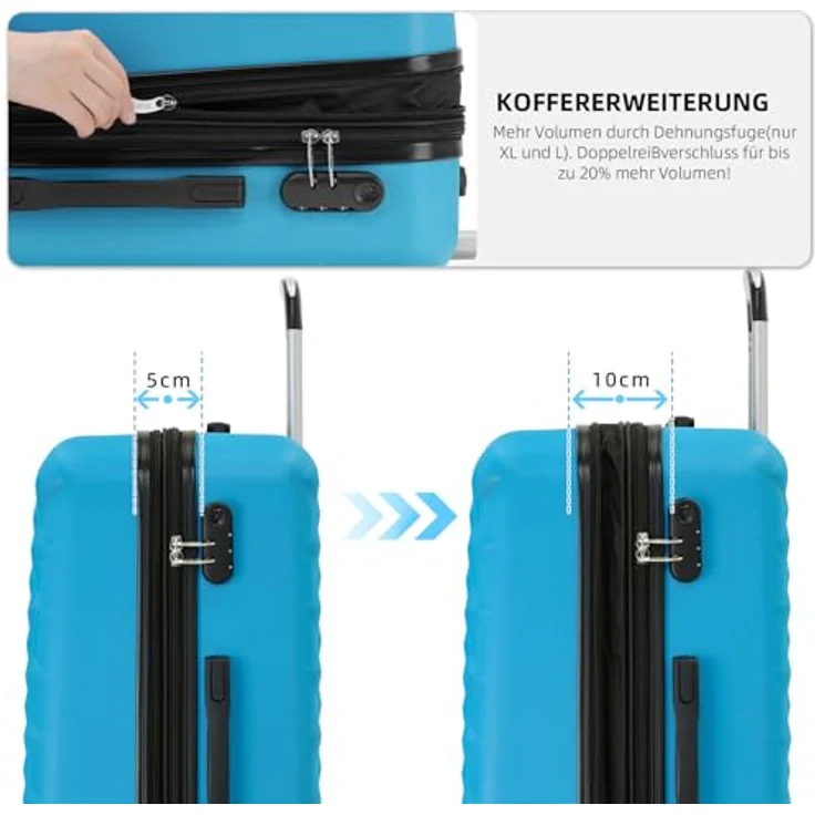 BEIBYE Trolley Koffer Kofferset Hartschale mit 4 Zwillingsrollen, M (55x34x22cm) Handgepäck, türkis, integriertes Sicherheits-Zahlenschloss, Höhenverstellbarer Teleskopgriff – Bild 2
