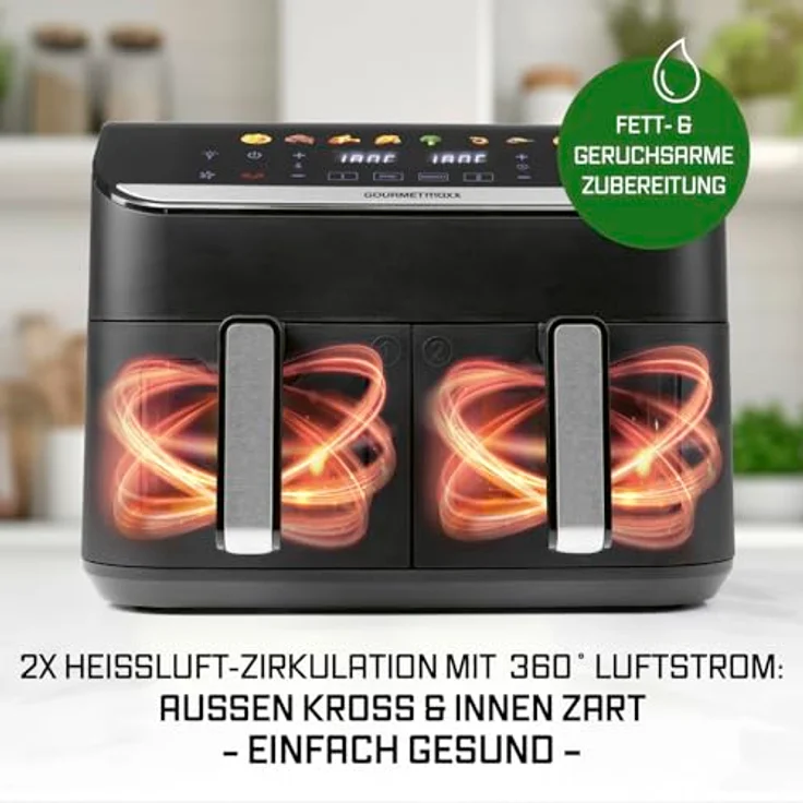 GOURMETmaxx AirGenius 2-Kammer-Heißluftfritteuse, 9 Liter (2 x 4,5 l) mit Multi-Color LED-Touchdisplay, Mattschwarz, 2400 Watt – Bild 6