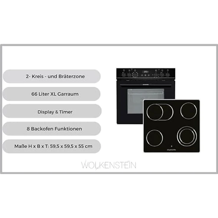 Wolkenstein Einbauherdset WMOC 90, XL-Garraum 66 Liter, 8 Backofenfunktionen, Energieeffizienzklasse A, 2-Kreis und Bräterzone, Glaskeramikfeld, 8400 W – Bild 4