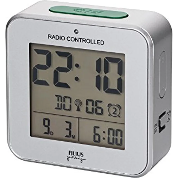 FILIUS zeitdesign Filius 0531-19 Funk-Wecker Digital, Silber, präzise DCF 77, 2 Weckzeiten, snooze, Datum- und Temperaturanzeige, Nacht-Licht-Sensor, LCD-Anzeige