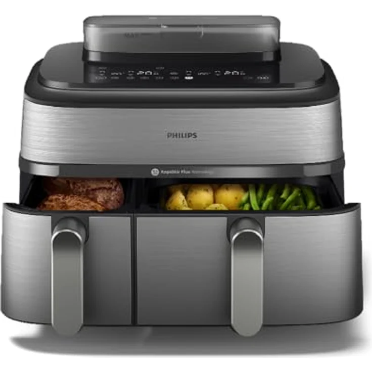 Philips Heißluftfritteuse 5000 Series NA555/00, Dual Basket mit Steam, 9L Kapazität, 2750 W, RapidAir Plus Technologie, Dampfreinigung, HomeID App, Silber – Bild 2