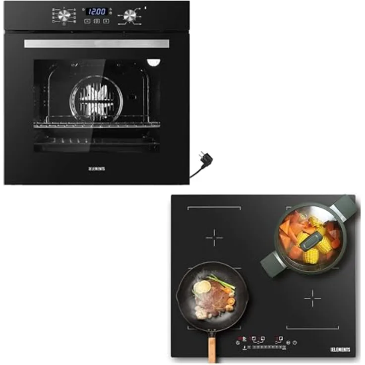 KB ELEMENTS Autarkes Herdset, 60cm Einbaubackofen & 59cm kratzfestes Induktionskochfeld, 9 Funktionen, Grill, Heißluft, AQUA CLEAN, Kindersicherung, 7.400 W Induktionskochfeld, 3.000 W Backofen