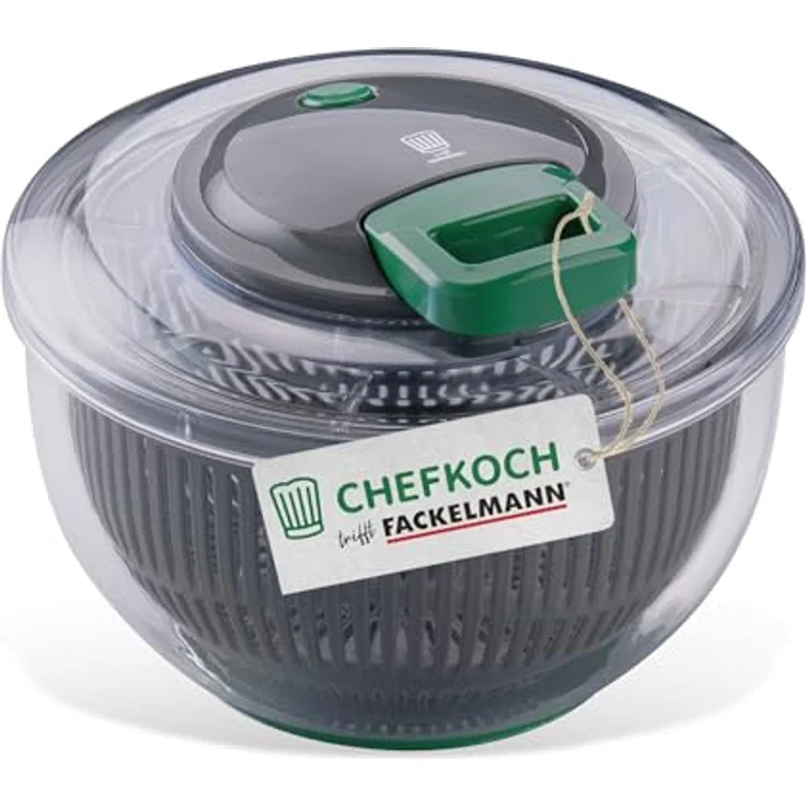 FACKELMANN Chefkoch Salatschleuder mit Seilzug und Stopp-Taste, Salat Spinner zum Waschen & Trocknen, inkl. herausnehmbarem Sieb, 24,5 cm, Kunststoff – Bild 1