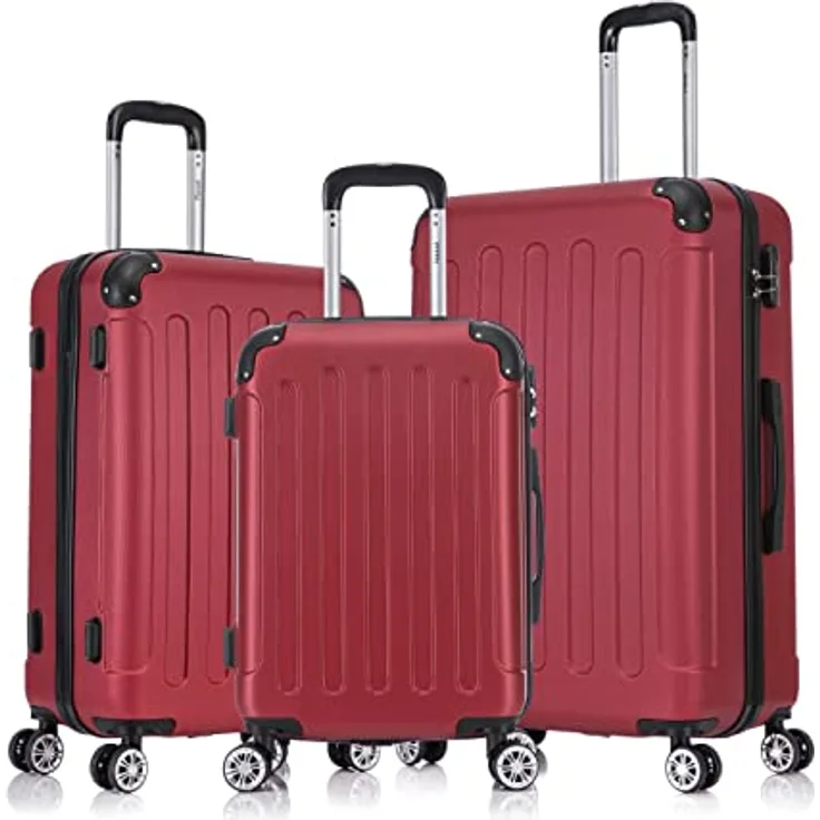 Flexot F-2045 Koffer, Rubin Rot, 3tlg Kofferset mit Zwillingsrollen und Hartschale
