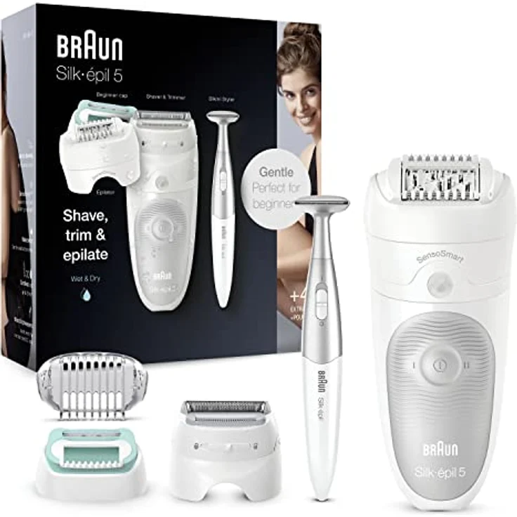 Braun Silk-épil 5 Epilierer Damen für Haarentfernung / Haarentferner, inkl. Bikinitrimmer, schwenkbarer Kopf, weiß/grau – Bild 1