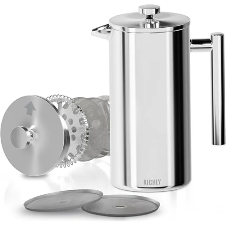 KICHLY French Press Kaffeebereiter 20 Oz - 600 ml (3 Tassen) - doppelwandig mit dreifachem Edelstahlfilter - Silber – Bild 1