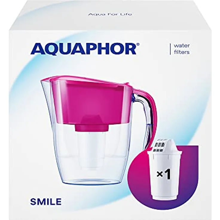AQUAPHOR Wasserfilter Smile Cyclamen inkl. 1 A5 Filter I Reduziert Kalk & Chlor I Karaffe für 2,9l I Kompakter & leichter WasserfiIter I Tischwasserfilter I Passt in die Kühlschranktür