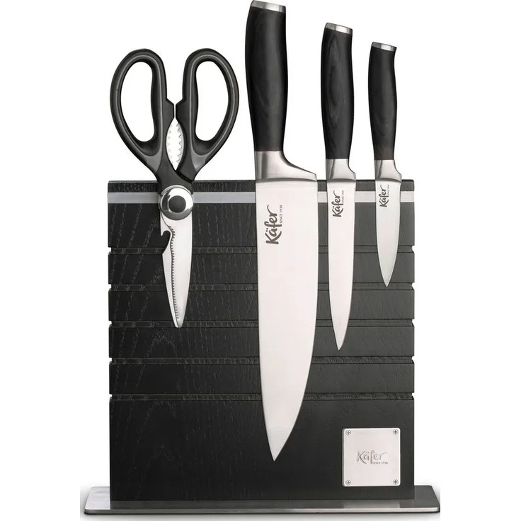 Käfer Magnet-Messerblock (5tlg), inkl. 3 hochwertige Messer und 1 Schere, Pakkaholz-Griffe, Platz für bis zu 8 Messer, rostfreier Klingenstahl