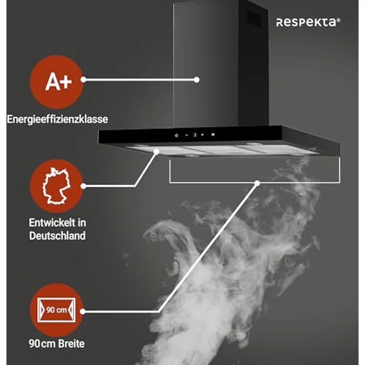 Respekta Cara Dunstabzugshaube, Inselhaube in Schwarz-Matt mit Glasfront, 90 cm, 9 Leistungsstufen, Touch Control, Energieeffizienz A+ – Bild 2