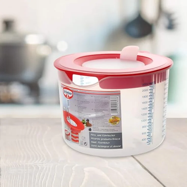 Dr. Oetker Mess- und Rühr--Mess--Rührbecher, 2,2 L, mit unterschiedlichen Messskalen, mit Spritzschutz, aus hochwertigem Kunsstoff, Menge: 1 Stück, Farbe: rot-transparent – Bild 4