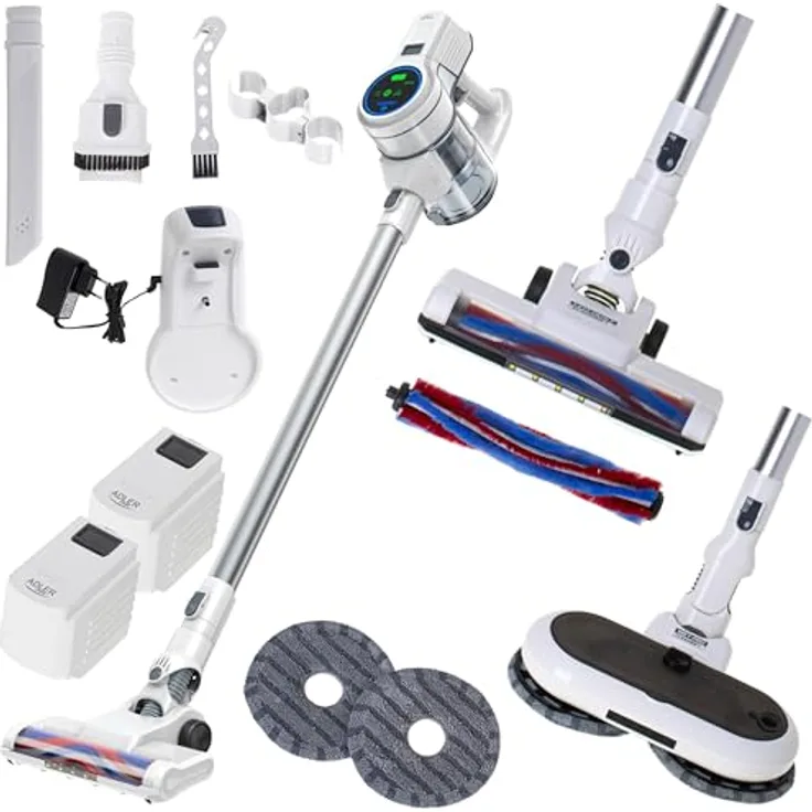 ADLER Kabelloser Akku Staubsauger ADLER mit Wischfunktion 2-in-1, 13000 Pa Saugkraft, Smart Display, Selbstreinigungs-Dock, leise HEPA-Filtration, bis zu 57 Min Laufzeit