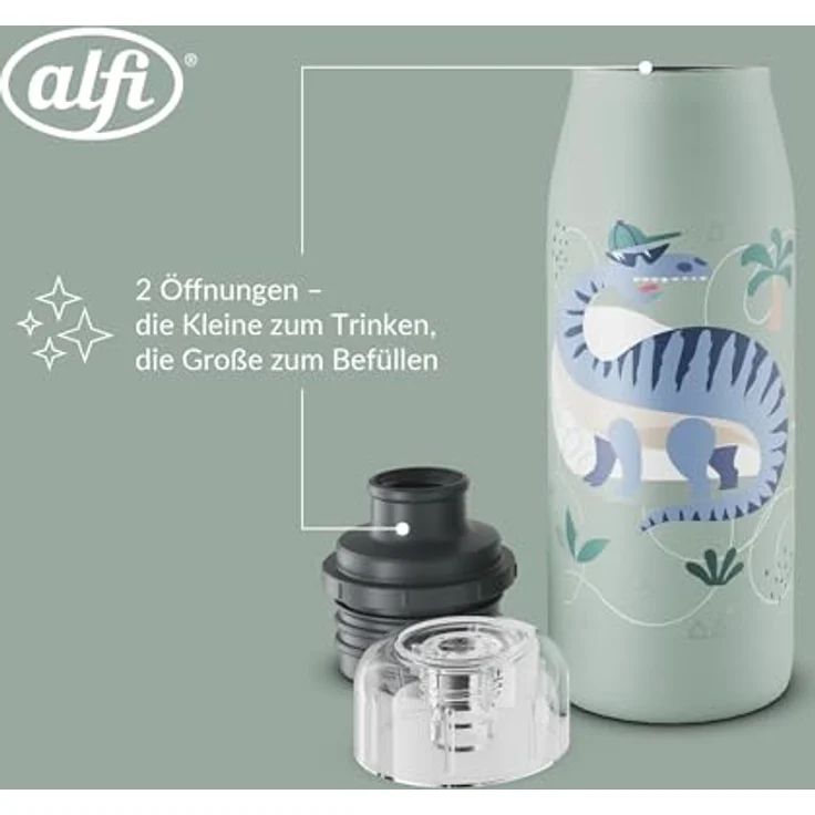 alfi KIDS ISO BOTTLE 350ml, mit Dinos, Isoliertrinkflasche Kinder Edelstahl, absolut dichter Drehverschluss, hält 12 Std. heiß, 24 Std. kalt, Trinkflasche für Kohlensäure, BPA-frei – Bild 5