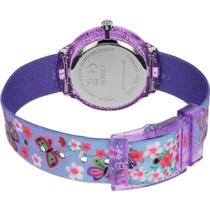 Tom Tailor Armbanduhr für Mädchen, Textilband mit Kristall, pink, wasserdicht bis 3 bar, Schmetterling, in Geschenkbox, 2100710 – Bild 4