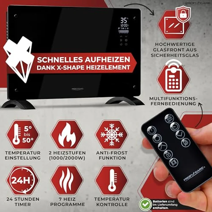 ProfiCare® Elektroheizung mit Glasfront & X-Shape Heizelement | mobiler Heizkörper auch für Wandmontage geeignet | Konvektor Heizung mit 2 Heizstufen | lautloses Heizen - 0dB | PC-GKH 3119 schwarz – Bild 2
