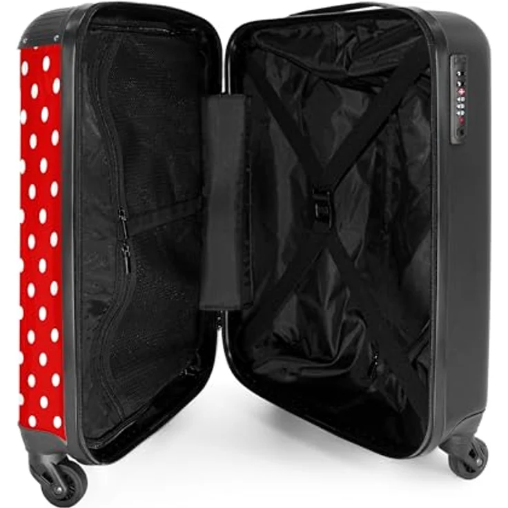 NoBoringSuitcases.com© Hartschalen-Trolley Weiße Punkte auf rotem Hintergrund 55x35x20cm, 4 Rollen, Reisetasche mit Rollen, Koffer Handgepäck Flugzeug – Bild 4