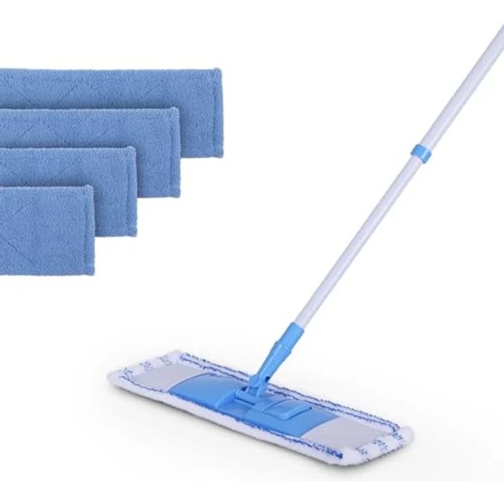 Bodenwischer Set inkl 4 Ersatzbezüge - Wischmopp mit Fußklick 360 Grad Gelenk für alle Ecken - Komfort Bodenreiniger Flachmopp Wischmopp – Bild 1