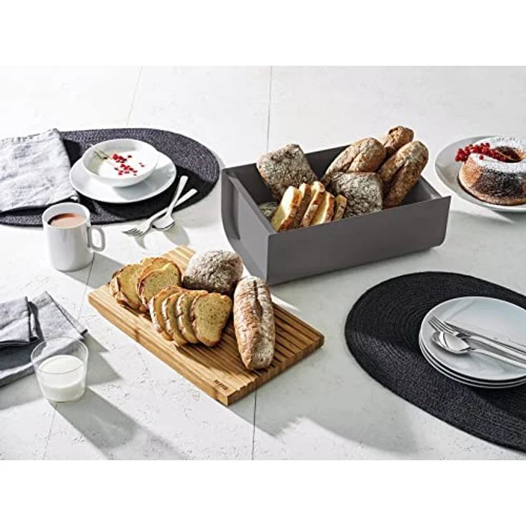 Alessi Mattina BG03 DG - Design Brotkasten, aus Farbigem Stahl mit Epoxidharz mit Bambusholz-Schneidebrett,Grau Dunkel – Bild 4