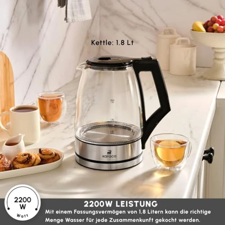 Karaca Glacia Kettle, Glas Wasserkocher Edelstahl, 2200W, 1,8 Liter, mit LED Beleuchtung und automatischer Abschaltfunktion – Bild 4