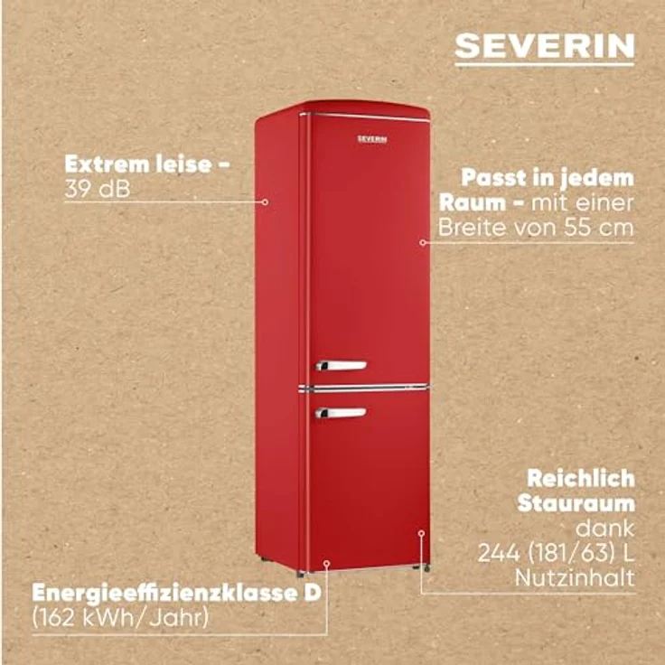 SEVERIN RKG 8917, Retro Kühl- & Gefrierkombination mit 244 L Nettovolumen, 39 dB, LED-Beleuchtung, rot – Bild 4