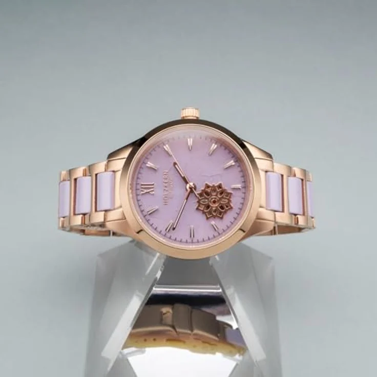 HOLZKERN Damen-Armbanduhr Automatik Kaleidoscopic, violettes Zifferblatt, Edelstahl Roségold, kratzfest, leuchtend im Dunkeln, mit Faltschließe – Bild 6