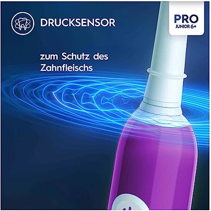 Oral-B Pro Junior Elektrische Zahnbürste/Electric Toothbrush für Kinder ab 6 Jahren (Drucksensor, 3 Putzmodi inkl. Sensitiv für Zahnpflege, weiche Borsten & Timer, Designed by Braun, lila) – Bild 4