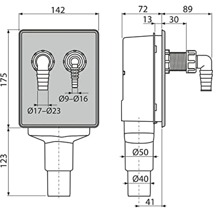 Alcaplast APS6 Unterputz Gerätesiphon, Abwasseranschluss für Waschmaschine, Spülmaschine, Wärmepumpentrockner, mit Edelstahl-Wandblende, weiß, 16,8 l/min Ablaufleistung – Bild 3