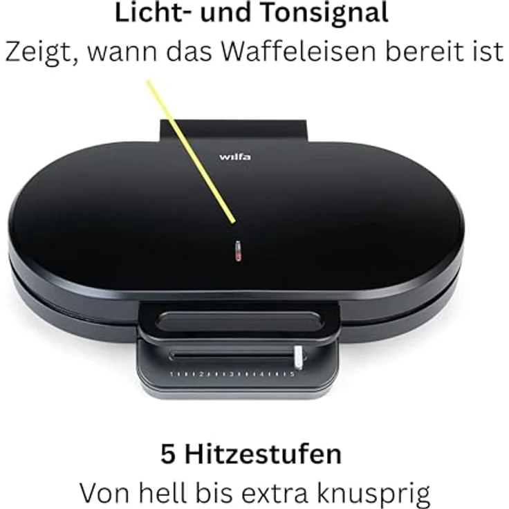 Wilfa Classic Double Vaffeljern, Waffeleisen für 2 herzförmige Waffeln, 1200 Watt, Schwarz, Teflonbeschichtung, 5 Thermostatpositionen, Betriebsbereitschaftsanzeige – Bild 2