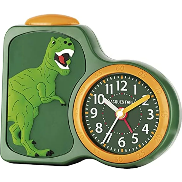 Jacques Farel Kinderwecker ACB 06, Quarzwecker mit Dinosaurier-Motiv, orange/grün, lernfreundlich und batteriebetrieben