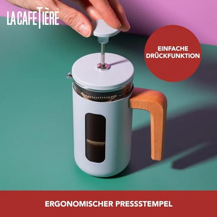 La Cafetière Pisa Kaffeebereiter für 3 Tassen, himmelblau, langlebiger Edelstahlrahmen, hitzebeständige französische Presse mit Naturholzgriff, 350 ml – Bild 5