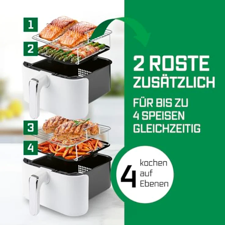 GOURMETmaxx FryUp Vertikale Doppelkammer Heißluftfritteuse, 10L Fassungsvermögen, klappbares Touchdisplay, 2800 W, 12 Kochprogramme – Bild 3